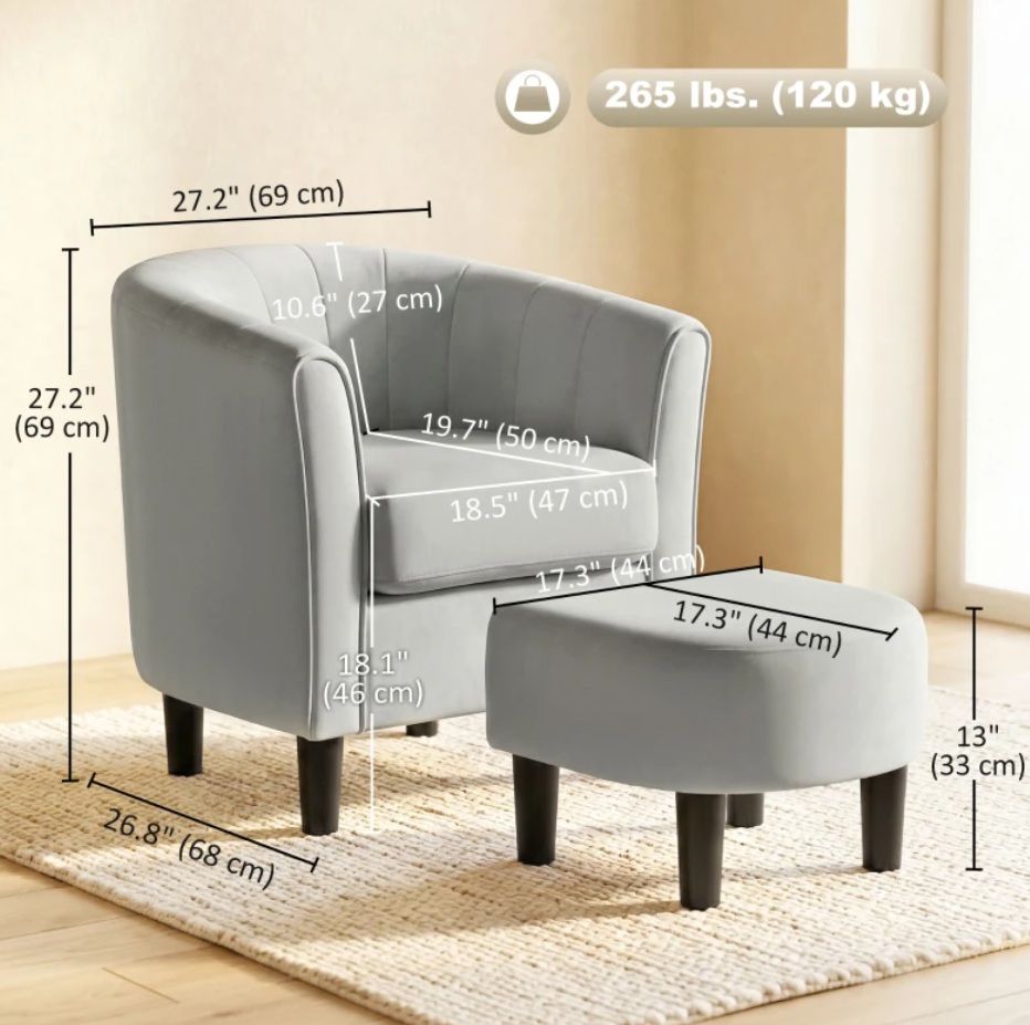 Accent Chair Modern Upholstered Living Room Chair with Ottoman - Grey
