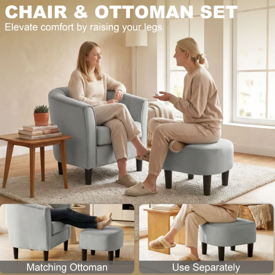 Accent Chair Modern Upholstered Living Room Chair with Ottoman - Grey