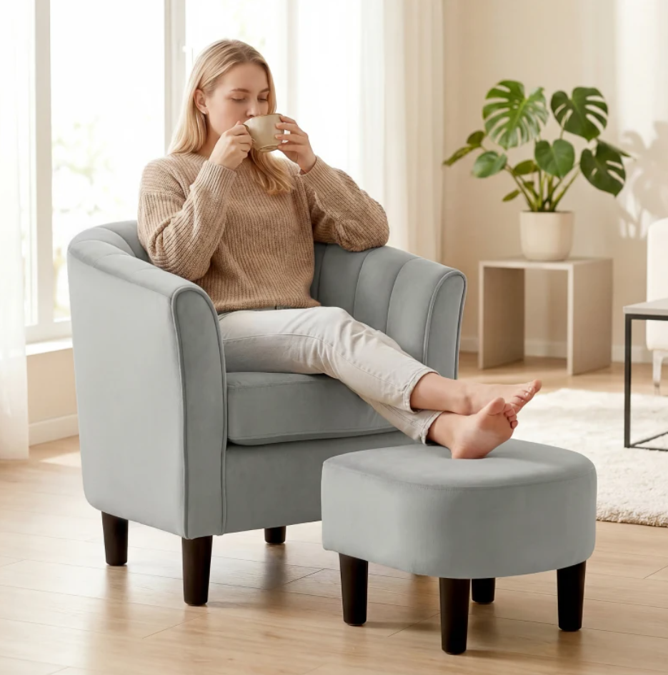 Accent Chair Modern Upholstered Living Room Chair with Ottoman - Grey