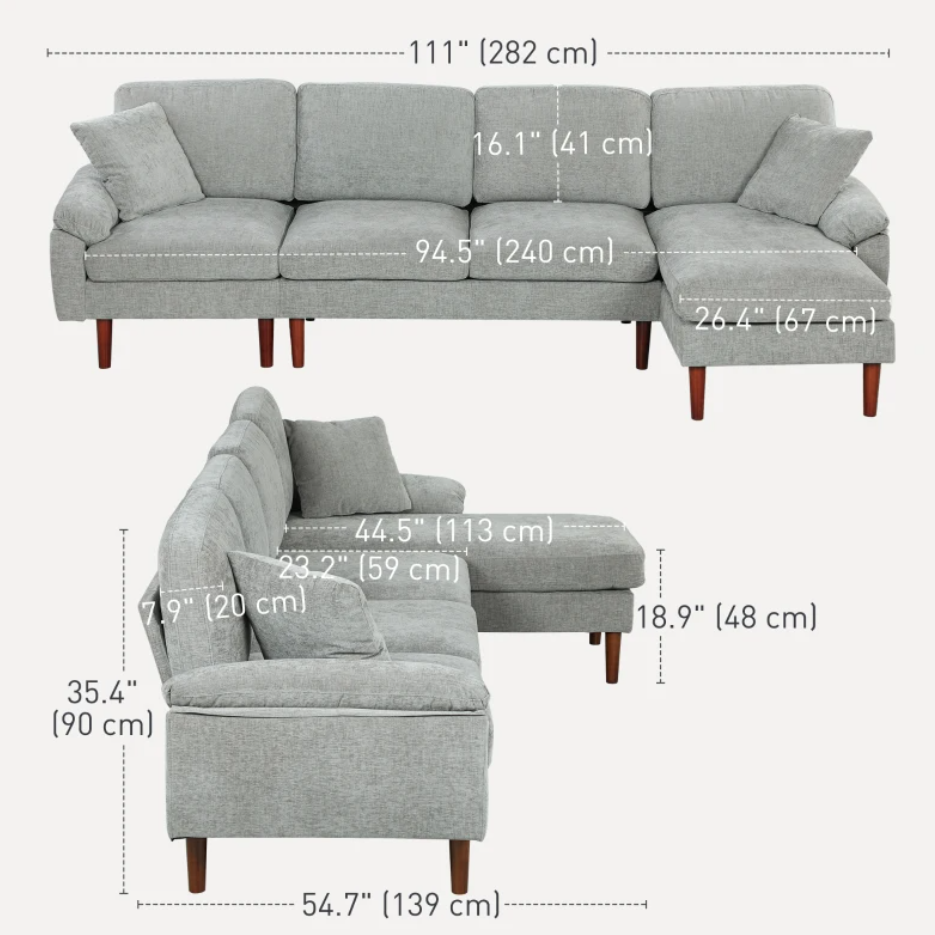 L-Shape Sofa, Modern Sectional Couch with Changeable Chaise Lounge